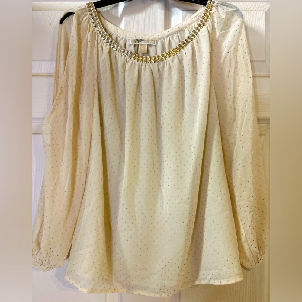 EUC Michael Kors Cream Long Sleeve Cut Out with Gold Embellishment Blouse Size M